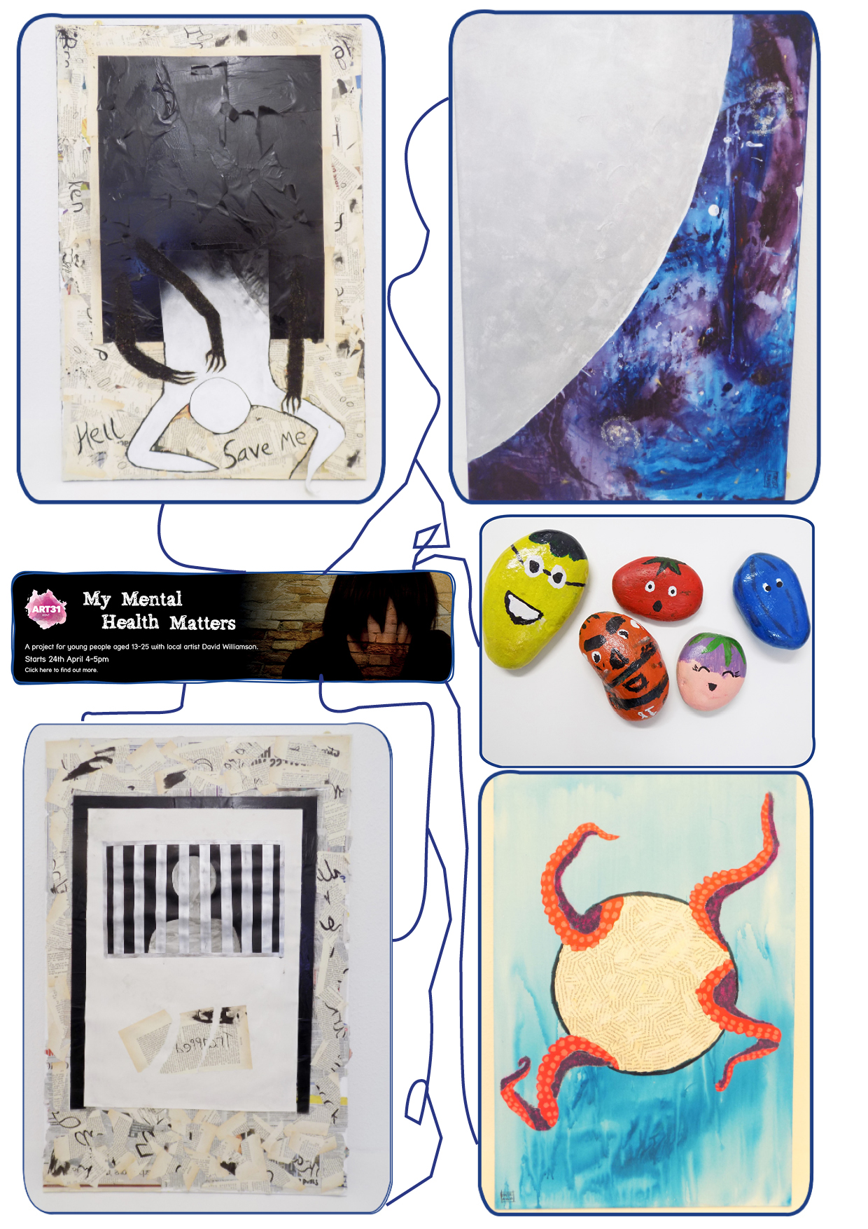This image shows some of the artwork created as part of the Art 31 Programme. The different formats of artwork here show things such as human figures, painted pebbles, newspaper-stylized artwork.