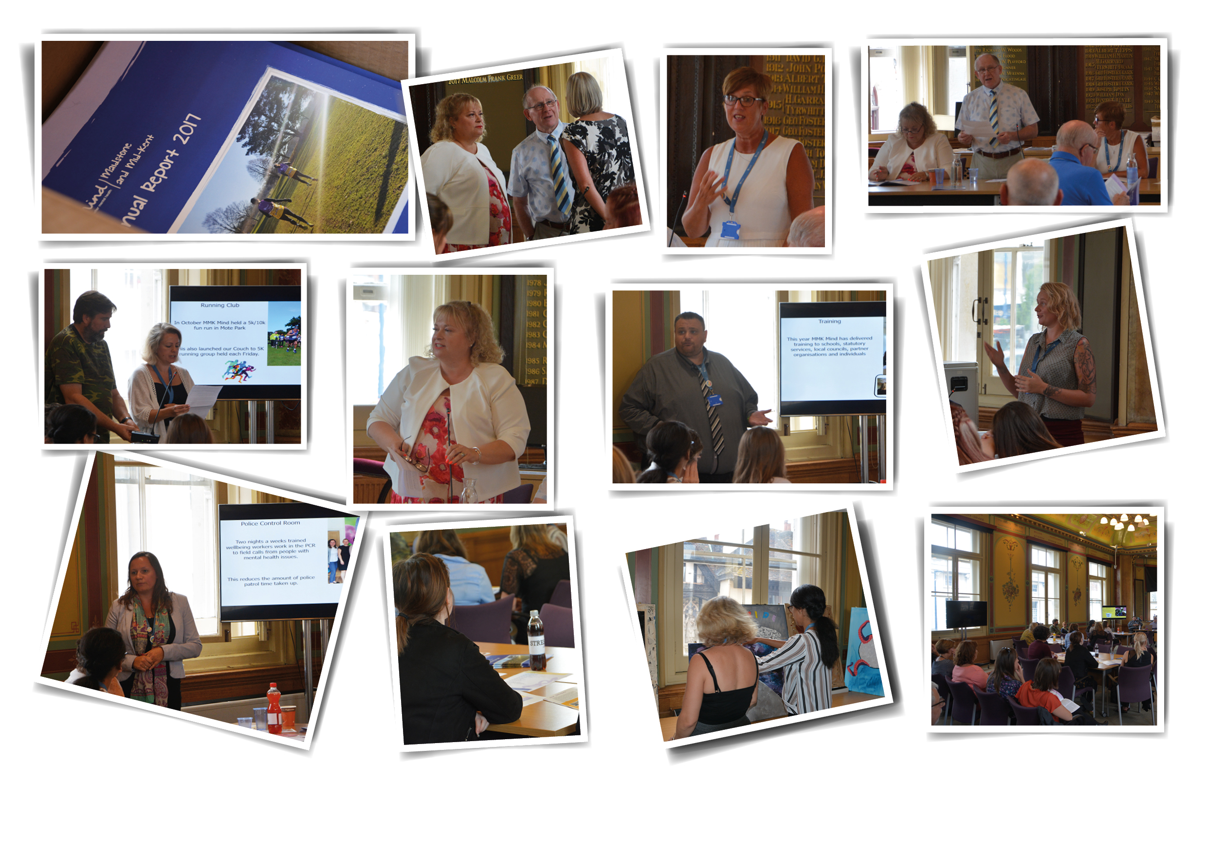2017 AGM In Maidstone - Photographs from our 2017 AGM. A photograph of Annual Reports. A photograph of trustees Sue, Tim and Hazel. A photograph of Julie Blackmore giving a speech. A photograph of Tim giving a speech. A photograph of Heidi and service user Jonathan giving a presentation about the Fun Run. A photograph of Sue giving a speech. A photograph of James giving a presentation. A photograph of Kelly giving a speech. A photograph of Kimberley giving a presentation. Photographs of the audience.
