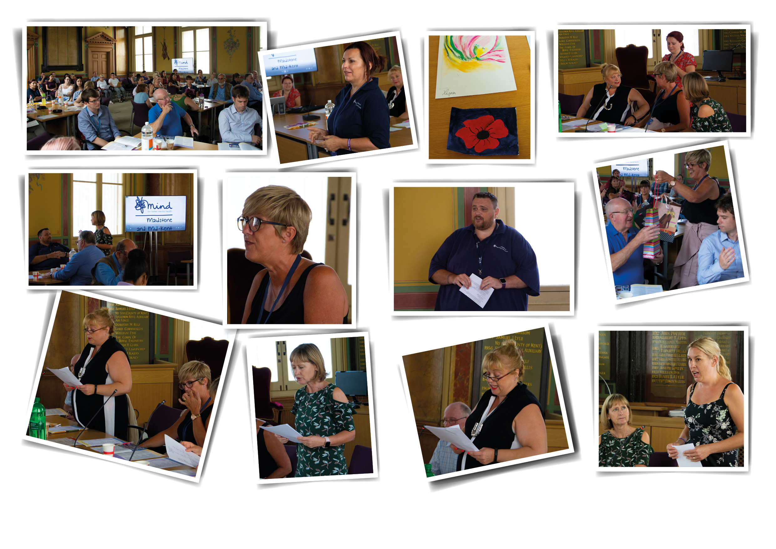 2018 AGM in Maidstone. Photos from our 2018 AGM in Maidstone. First photograph shows the audience sitting in the council chamber at Maidstone Town Hall. Second photograph shows Suzanne giving a talk at the event. The third photo is some colourful artwork of line art and a poppy presented by a service user. The fourth photo shows Sue, Julie, Hazel and Heidi conversing. The fifth photo demonstrates some of the attendees networking. The sixth photo shows Julie looking out at the audience. The seventh photo shows James giving a presentation to audiences. The eighth photo shows Julie handing a gift to a volunteer who has helped the organisation. The ninth photo shows Sue presenting the Chairperson's speech to the audience. The tenth photo shows Hazel presenting the treasurer's findings. The eleventh photo is another photo of Sue's speech. The twelfth photo is a photo of Nicky Underwood talking about Therapeutic Drumming.  