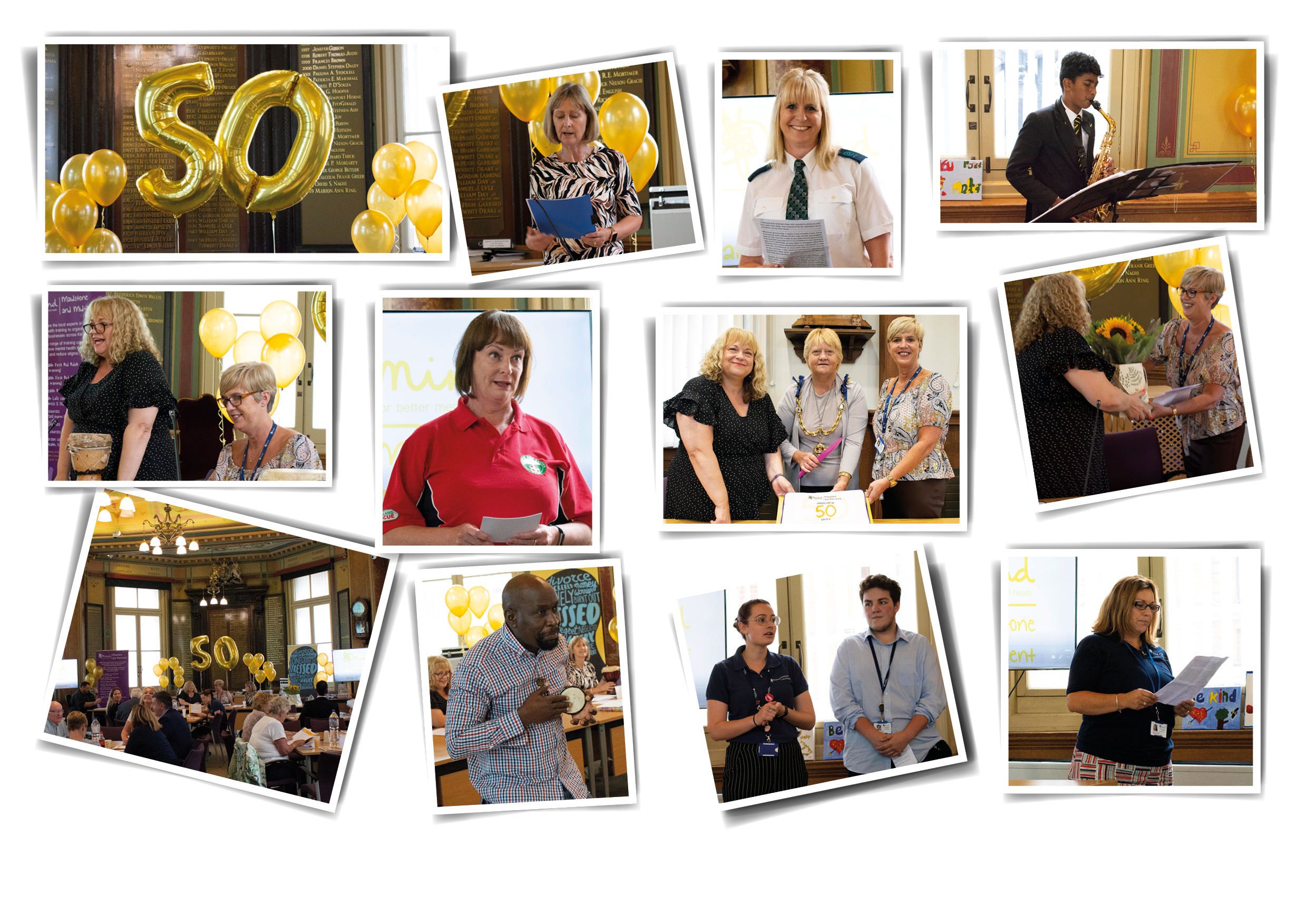 2019 AGM in Maidstone - Top left, 50th Anniversary Balloons. Picture of Hazel Webb, trustee and finance officer. Picture of Sarah, from Arriva, who spoke about how Suicide Prevention training had helped her. Picture of Kamren, from MGS, who played music for us. Picture of Sue and Julie at head table. Picture of Paula, from Kent Search and Rescue. Picture of Sue Grigg, Maidstone Mayor and Julie Blackmore. Picture of Julie and Sue exchanging flowers. Picture of room full for the AGM. Picture of Lucky playing music. Picture of Nicole and Tom. Picture of Suzanne. 