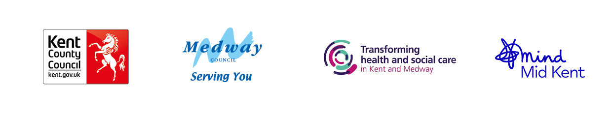 Kent County Council Logo. Medway Council Logo. Transforming Health and Social Care in Kent and Medway logo. Mid-Kent Mind logo.
