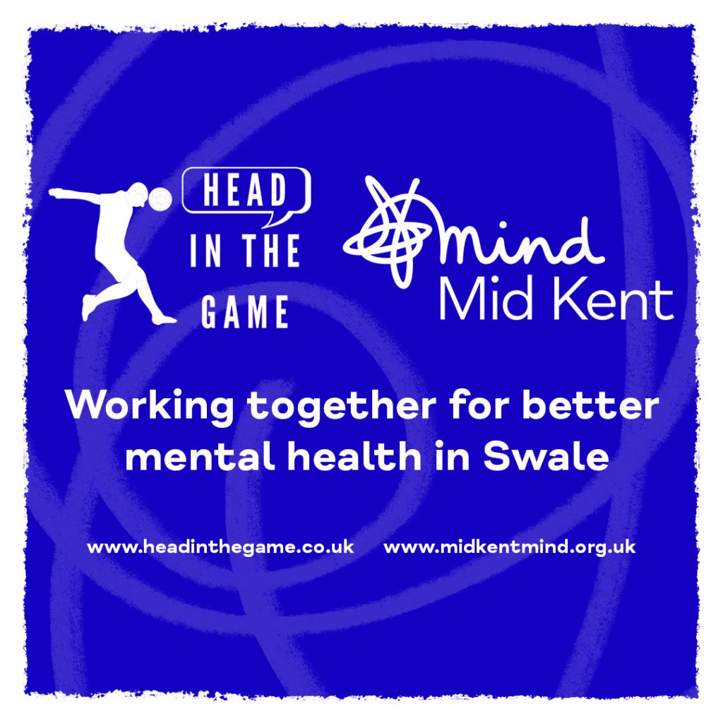 Head In The Game Logo and Mid Kent Mind logo. Working together for better mental health in Swale. www.headinthegame.co.uk and www.midkentmind.org.uk.
