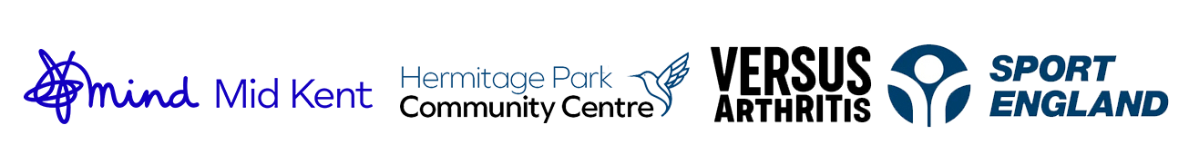Mid Kent Mind Logo, Hermitage Park Community Centre, Versus Arthritis and Sport England logo.